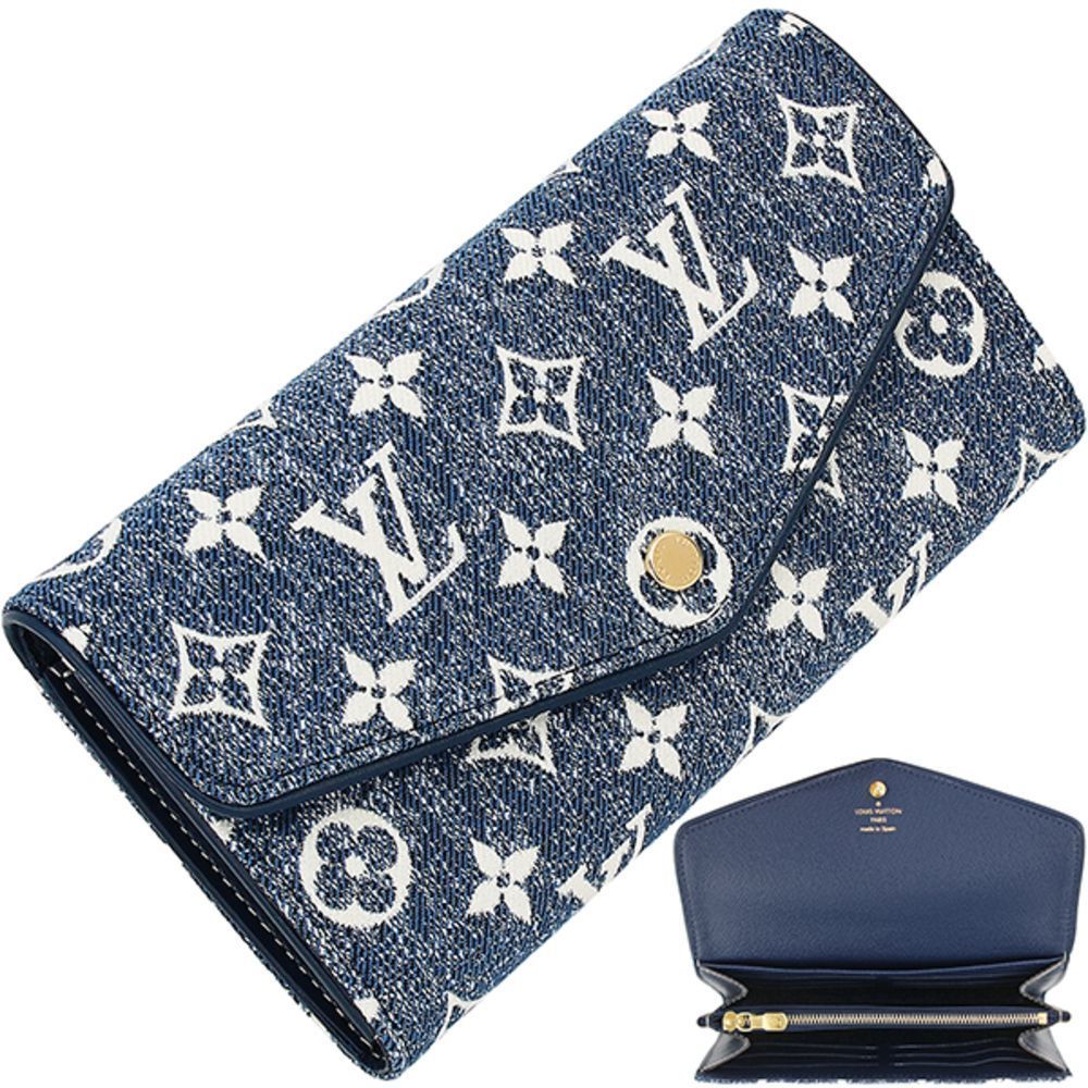 Portefeuille Sarah Jacquard Denim Monogram Leather Blue Flap Wallet Long Wallet
